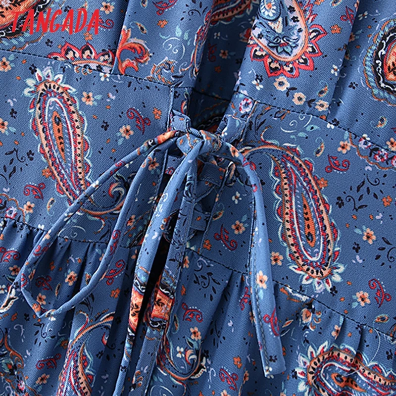 Tangada Primăvară Moda Femei Albastre Flori de Imprimare Volane Rochie Vintage de Birou Doamnelor Talie Lace Up Rochie Cu Fermoar 5X07