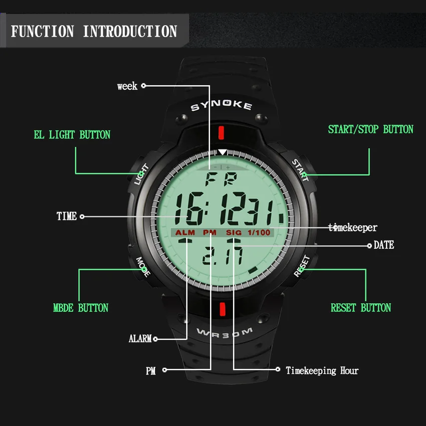 SYNOKE Ceasuri Barbati rezistent la apa 30M Electronic Ceas Digital cu LED Bărbați în aer liber Mens Sport Ceasuri Cronometru Relojes Hombre