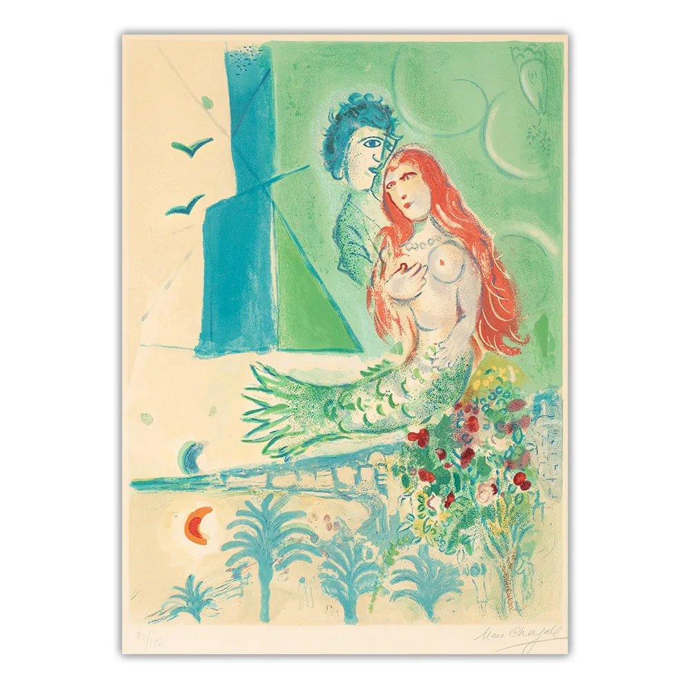 Citon Marc Chagall《Sirena cu poetul》Panza Pictura in Ulei Renumite opere de Artă Poster de Perete Imagine de Fundal de Decor Acasă Decorare
