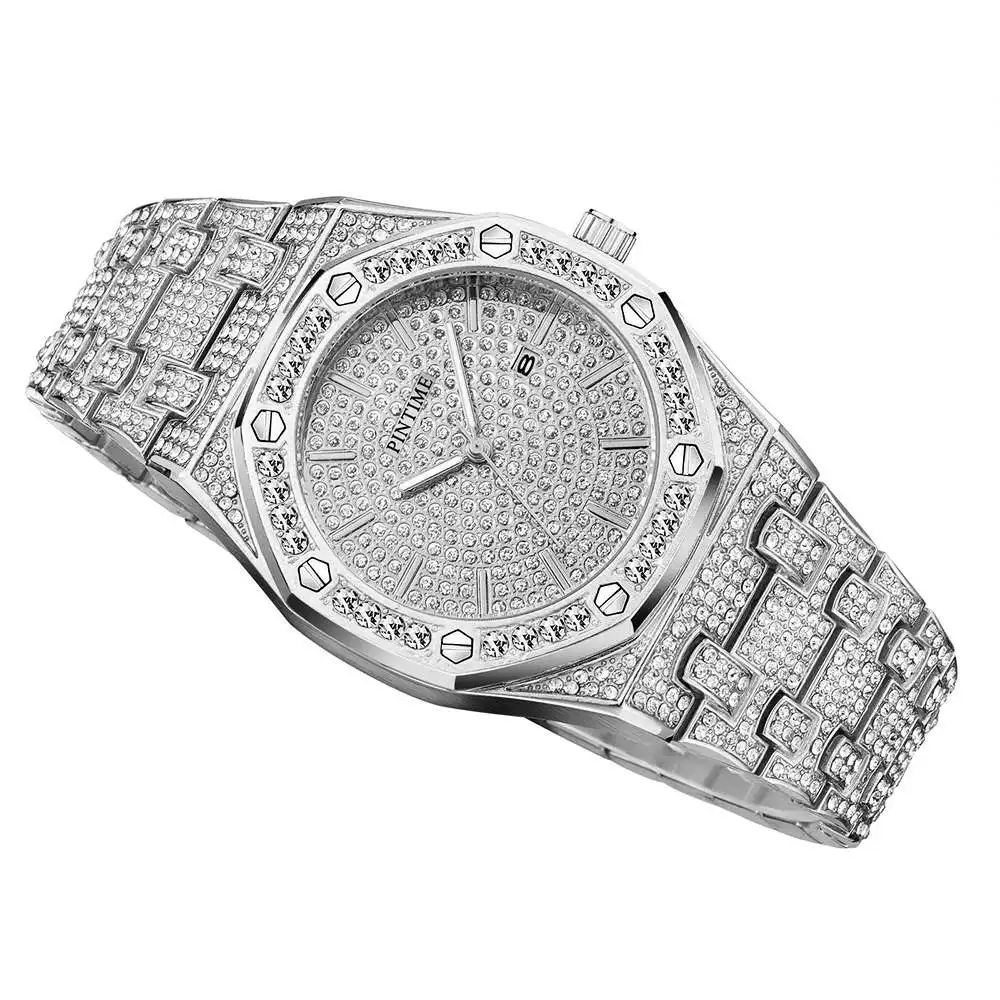 PT Marca Diamant Bărbați Femei Ceas de Aur de Gheață Afară Ceasuri din Oțel Inoxidabil Cuarț Petrecere Ceas de mână Ceas de Lux Ceasuri