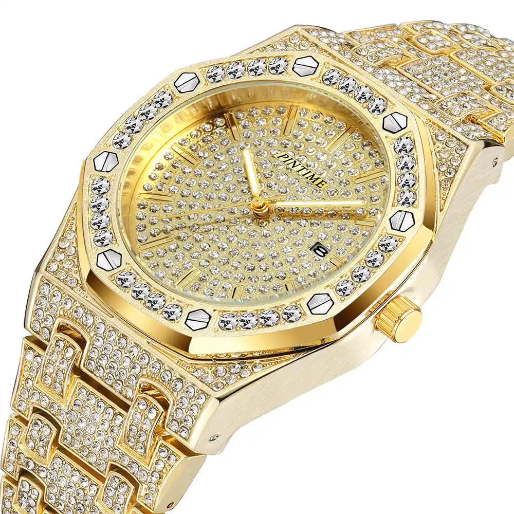 PT Marca Diamant Bărbați Femei Ceas de Aur de Gheață Afară Ceasuri din Oțel Inoxidabil Cuarț Petrecere Ceas de mână Ceas de Lux Ceasuri