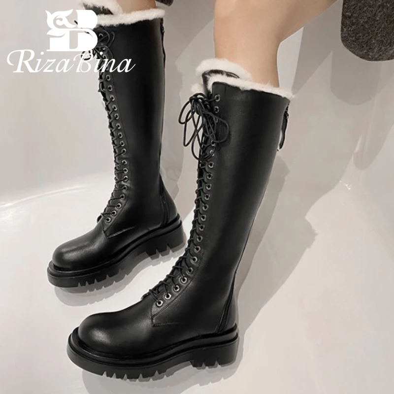 RIZABINA Femei Cizme Genunchi Blană Cald Platforma de Moda cu Fermoar Iarna Pantofi cu Toc Femei de Boot Zăpadă Gros de Blană, Încălțăminte Mărimea 34-43