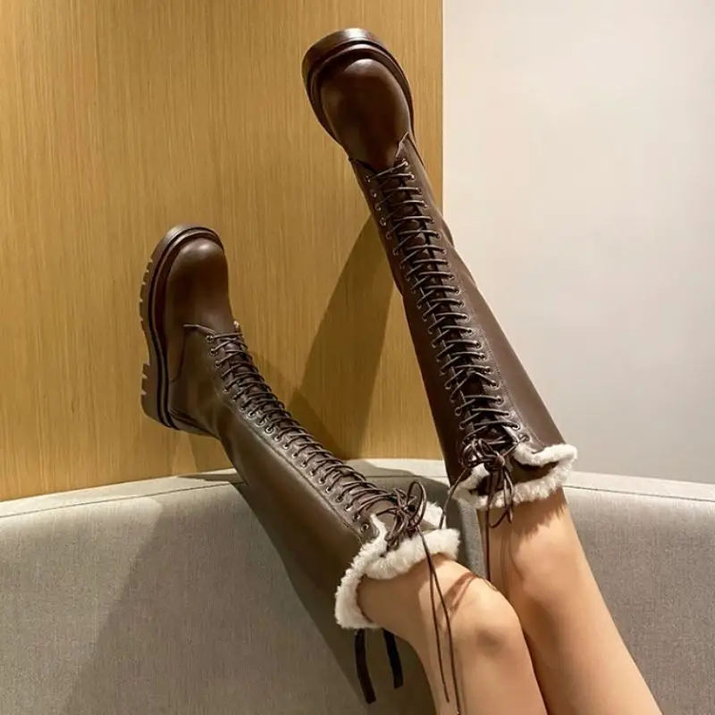 RIZABINA Femei Cizme Genunchi Blană Cald Platforma de Moda cu Fermoar Iarna Pantofi cu Toc Femei de Boot Zăpadă Gros de Blană, Încălțăminte Mărimea 34-43