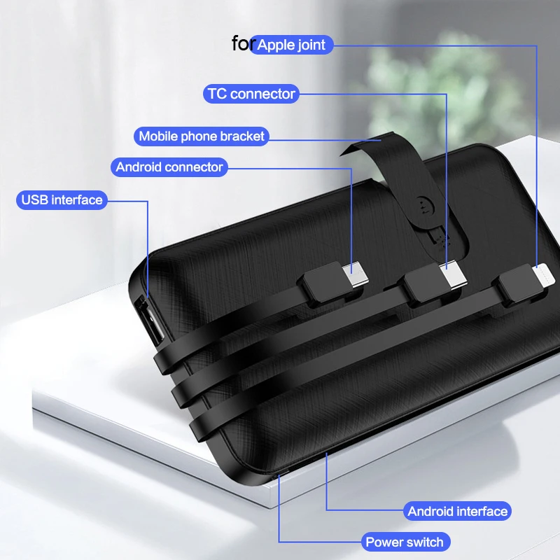 20000 mAh Portabil Putere Banca Repede Incarcator Powerbank Construit în 3 Cabluri Extern Încărcător de Baterie Pentru iPhone Xiaomi Mi Poverbank