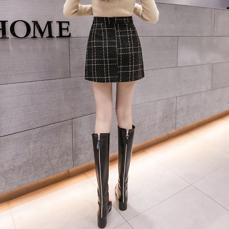 Toamna Iarna Mini Fusta Tweed Femei Sexy Fuste Carouri Femei de Moda coreeană Talie Mare Hip Pachet Fusta Scurta drăguț femme jupes