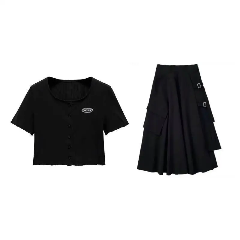 Fusta Costum din Două Piese de Vara pentru Femeie Vrac Talie Mare Salopete Fusta de Lungime medie Gri Neregulate Fusta + pantaloni Scurți Negru T-shirt Harajuku