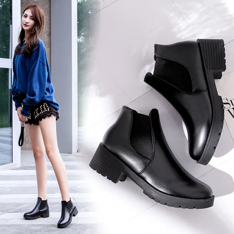 2020 Toamna Pantofi Femei Cizme Glezna Negru Chelsea Cizme de Alunecare pe Femei de Moda Casual Confortabil Toc Gros Pantofi NVX168