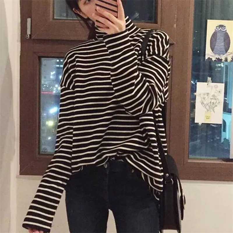 Mânecă lungă T-shirt Femei cu Dungi Loose 2XL All-meci Stil coreean Harajuku Guler Topuri Femei Chic Elegant Student de Moda