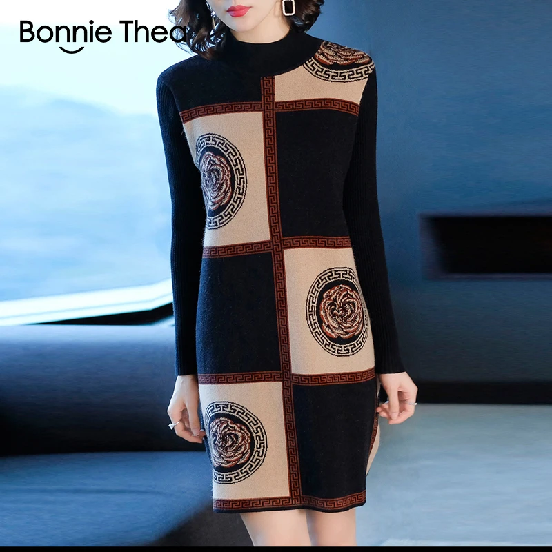 Bonnie Thea femei de iarnă Pulover Guler rochie de sex feminin Elegant negru tricotat rochie de petrecere vestido doamna toamna rochii 2018