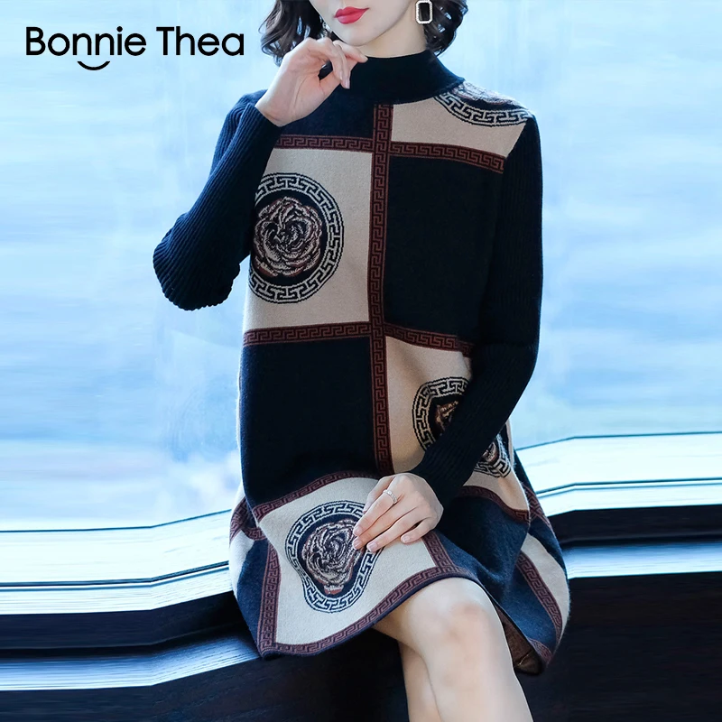 Bonnie Thea femei de iarnă Pulover Guler rochie de sex feminin Elegant negru tricotat rochie de petrecere vestido doamna toamna rochii 2018