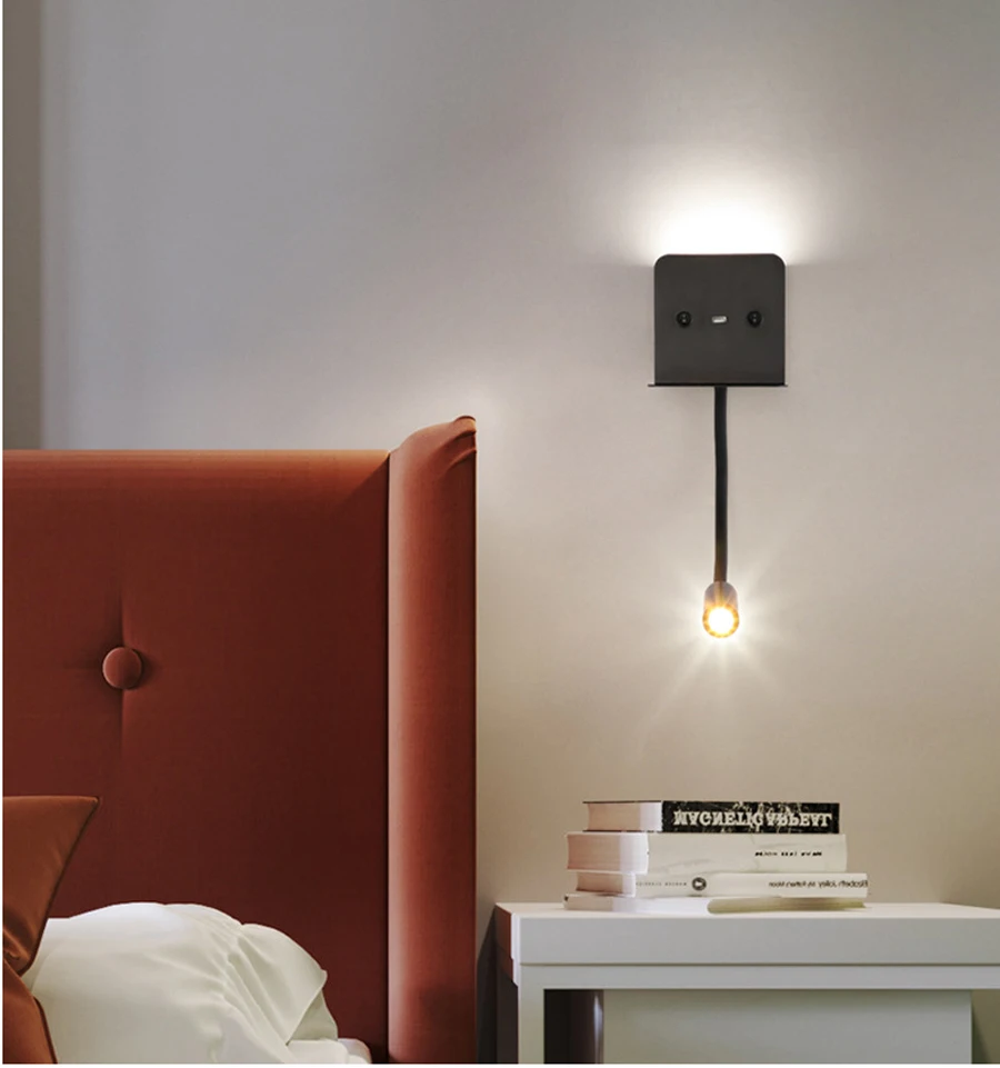 Noptiera Lumină de Lectură cu Raft Incarcator USB cu Led-uri Moderne Dormitor cu Lumina de Fundal Lumina de Noapte Led-uri Lămpi de Perete cu intrerupator