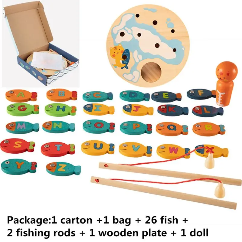Magnetice din Lemn de Pescuit Joc Jucărie pentru Copii mici - Alfabet de Pește de Capturare Numărare Prescolari Jocuri de societate Jucarii pentru 2 Copii de 3 Ani