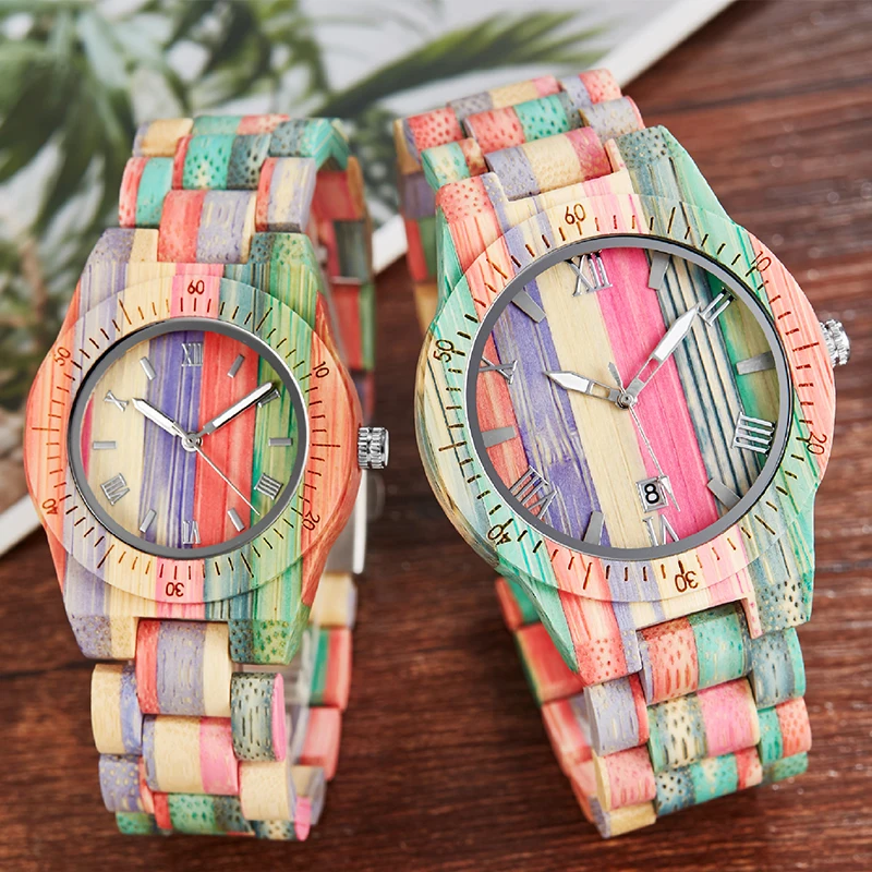 Curcubeu Din Lemn De Culoare Viziona Câteva Ceasuri Bărbați Femei Ceas Iubitorii Pereche De Cuarț Reloj Colorate Bambooo Ceas Real Natural Din Lemn