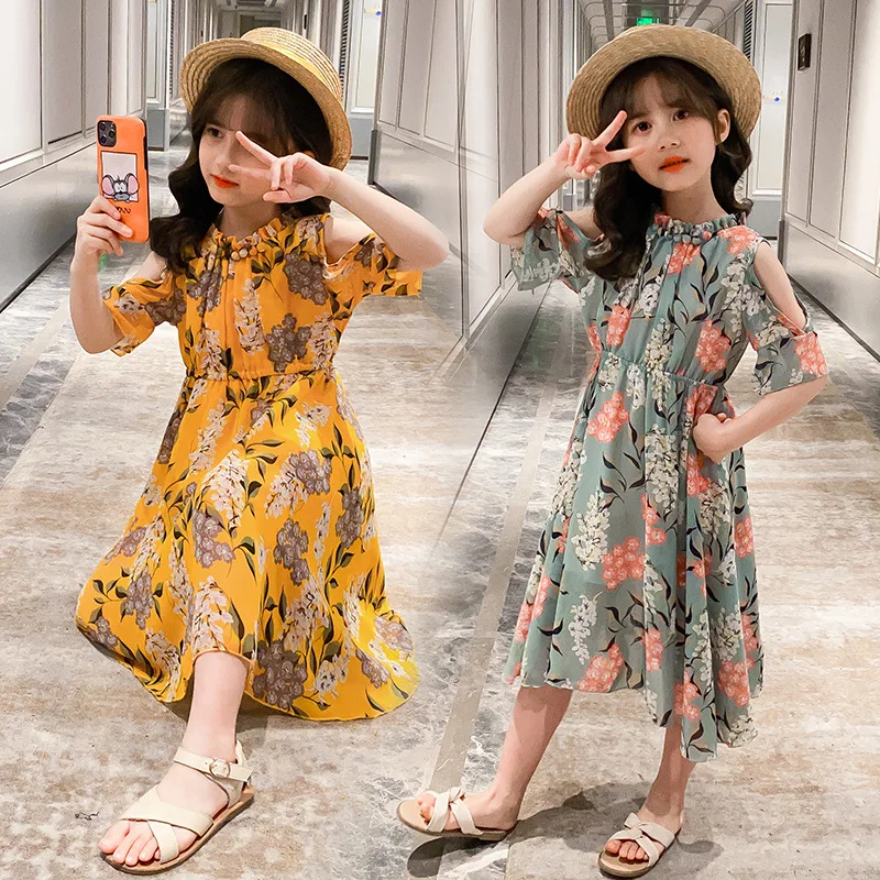 Rochii fete 2020 Moda de Vara Pe Umăr Șifon Copii Rochii Florale Imbracaminte Copii Rochie de Plaja pentru Fete Haine