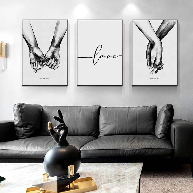 Nordic Morden Negru și Alb, se țin de Mâini Scrisoare de Dragoste Cuplu Abstract Panza Pictura Poster Print de Arta de Perete Poza Cameră decor