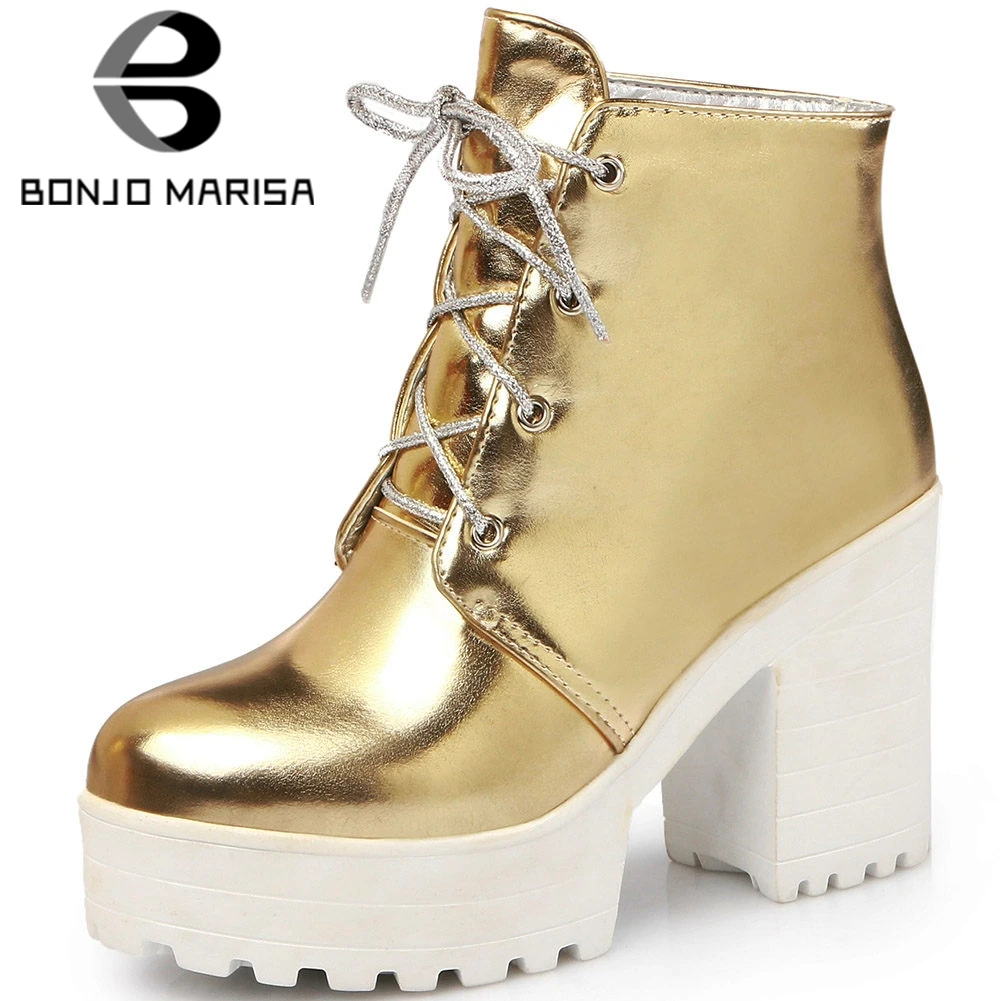 BONJOMARISA Fata Elegant Rotund Toe Platforma pantofi dantela Glezna Aur Platforma de Brand Cizme Femei Pantofi de Designer, Femeie