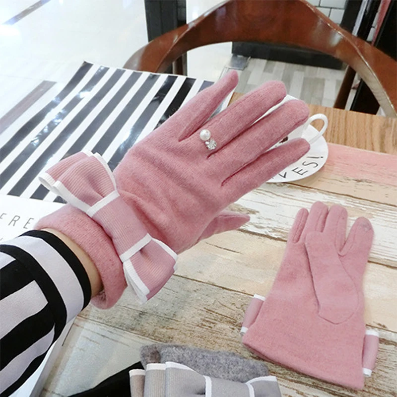 Manusi De Casmir Pentru Femei De Iarnă De Culoare Solidă Full-Deget Mănuși De Moda Temperament Fată Mică Parfum Arc Decor Cald Mănuși