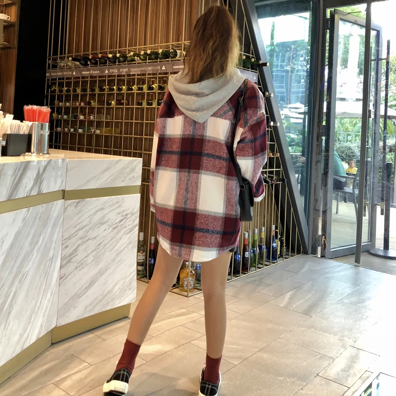 2020 Primavara pentru Femei Bluza Carouri Pierde-Fit stil coreean Topuri cu Maneci Lungi Bumbac Carouri cu Gluga Verde Roșu Topuri