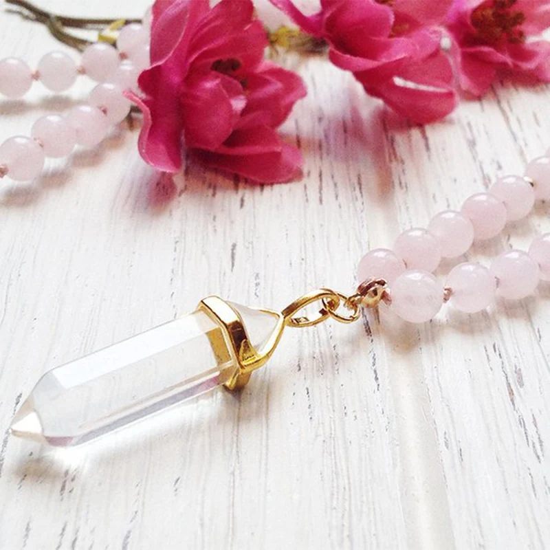108 Mala Margele Colier Bijuterii de Cristal de Cuart roz Mala Colier Roz Margele Înnodate Colier Yoga Cadou Pentru Femei Fata