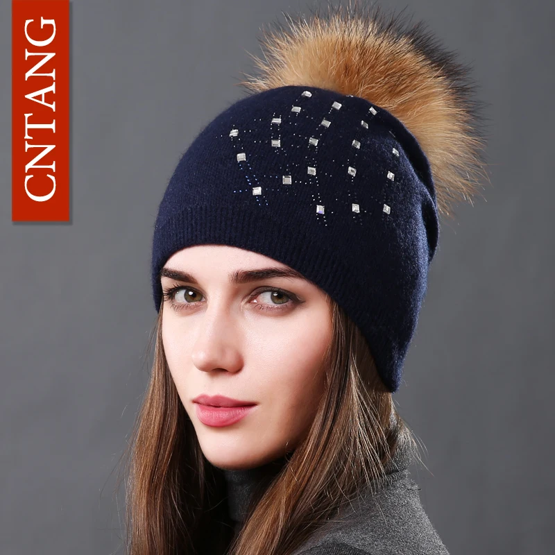 CNTANG Lână Tricotate Pălării de Moda Stras Sticlă Femei Toamna Iarna Cald Capace Naturale Blană de Raton Pălărie Pompom Beanie Pentru Femei