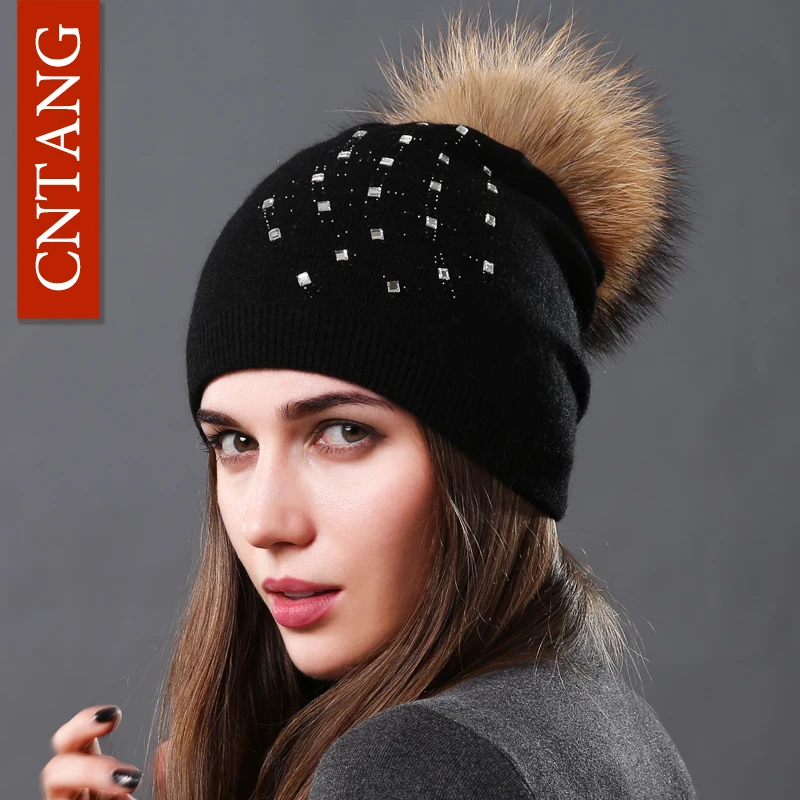 CNTANG Lână Tricotate Pălării de Moda Stras Sticlă Femei Toamna Iarna Cald Capace Naturale Blană de Raton Pălărie Pompom Beanie Pentru Femei