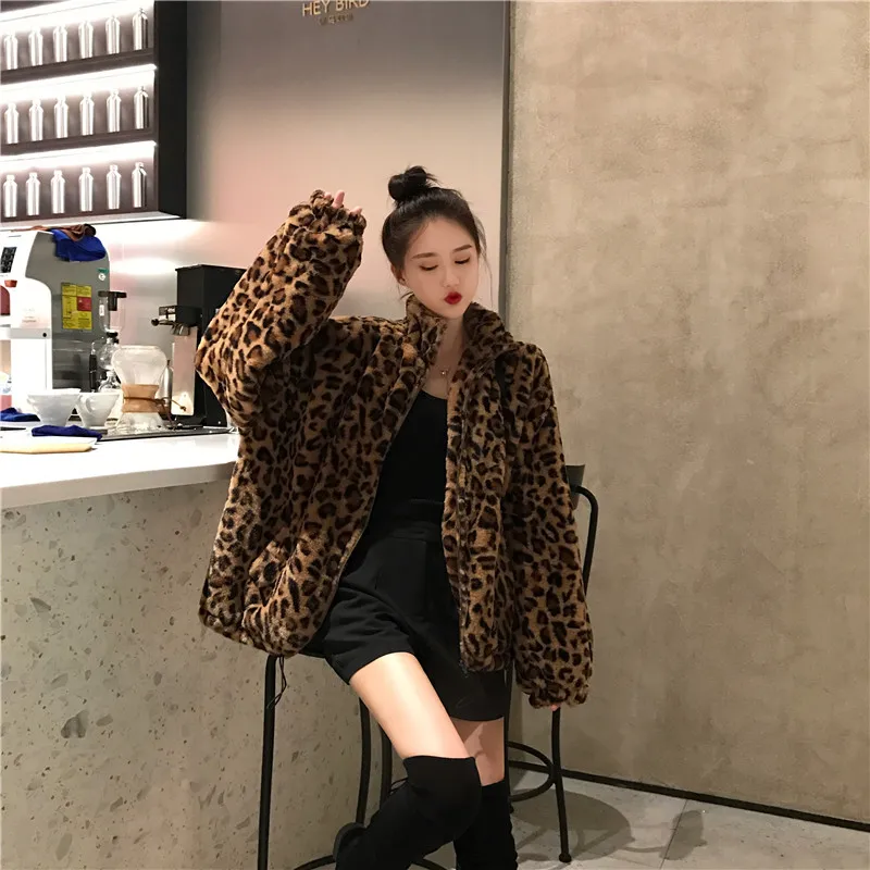 Iarna Cald Sacou Femei De Epocă Leopard Stand Guler Cu Fermoar Uza Drumul Doamnei Plus Dimensiune Faux Blana De Pluș Top Coat Streetwear