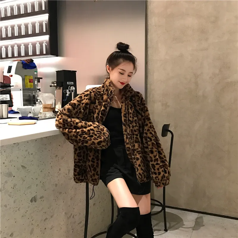 Iarna Cald Sacou Femei De Epocă Leopard Stand Guler Cu Fermoar Uza Drumul Doamnei Plus Dimensiune Faux Blana De Pluș Top Coat Streetwear