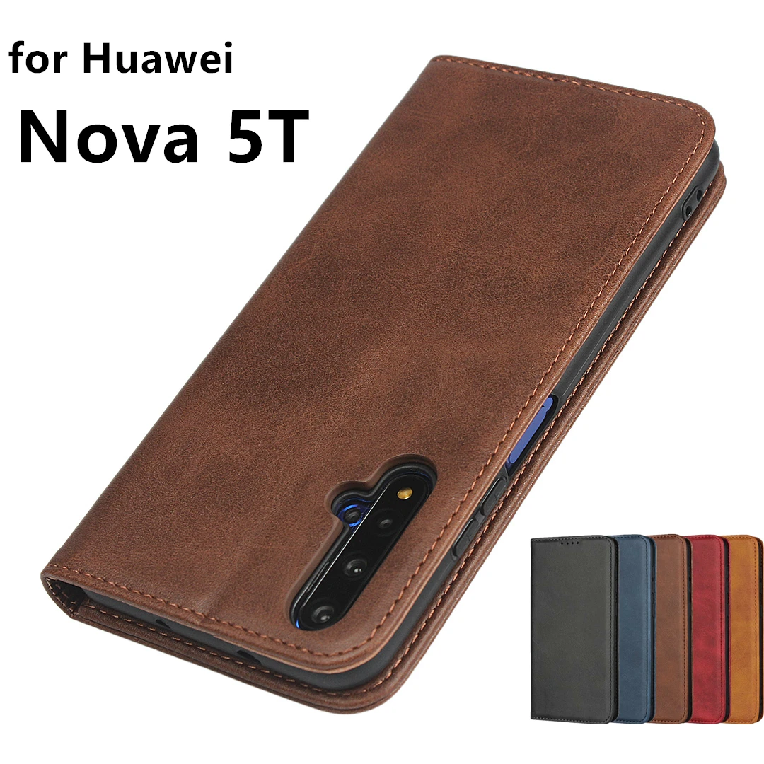 Piele caz pentru Huawei Nova 5T caz Flip cartelei Toc atracție Magnetică Caz Acoperire Portofel Caz