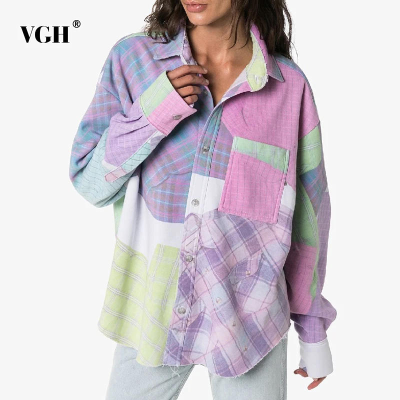 VGH Print Camasa Pentru Femei Guler Rever Maneca Lunga Mozaic de Culoare Lovit Buzunare de Mari Dimensiuni coreean Bluza Feminin 2020 Toamna anului Nou
