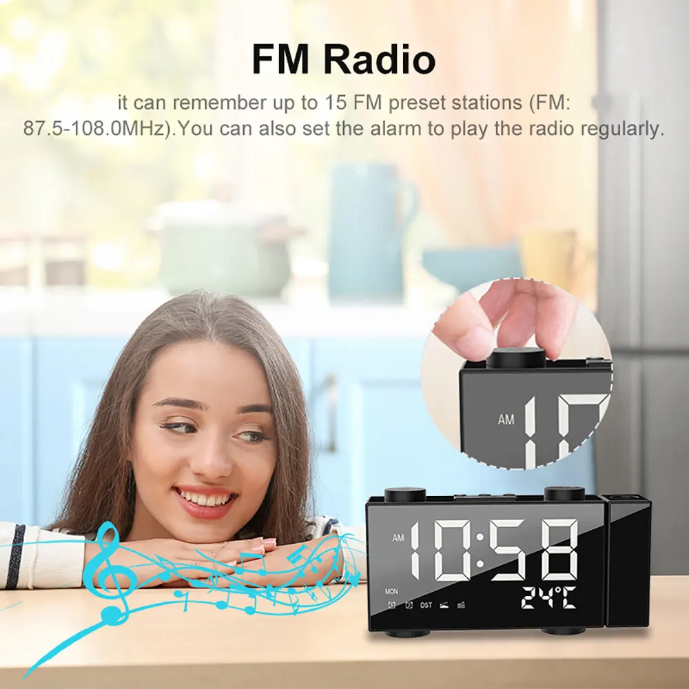 Digital cu Ecran Mare de Proiecție LED Ceas Ceas cu Alarmă cu Funcție de Amânare Termometru cu Radio FM si USB de Încărcare de Telefon Ceas Deșteptător