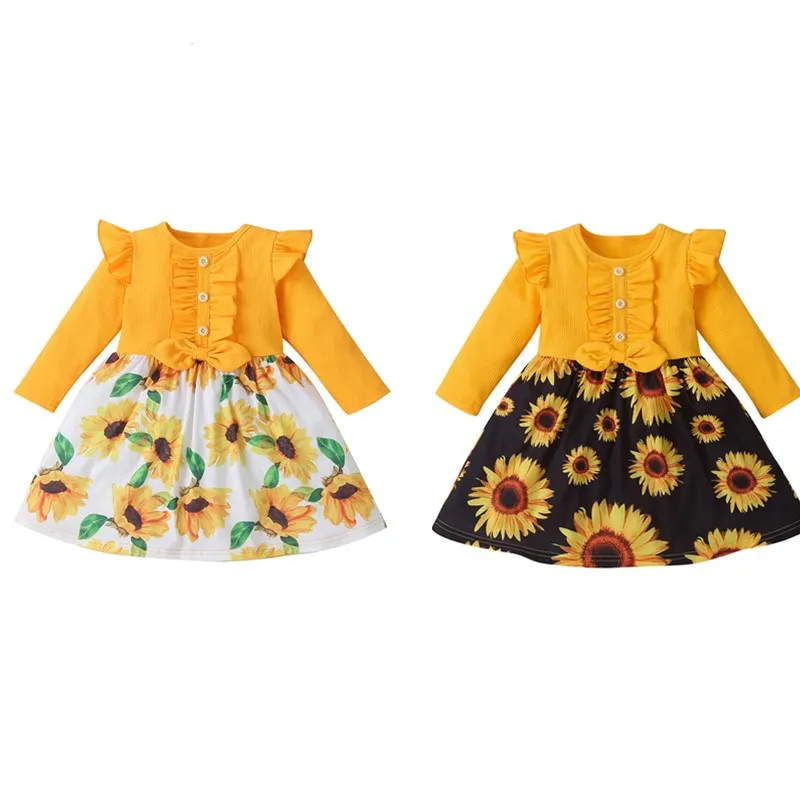 Toamna Haine Copii Fete Floarea-soarelui Tinutele vestimentare 1-6Y Maneca Lunga Print Bowknot Rochie a-Line
