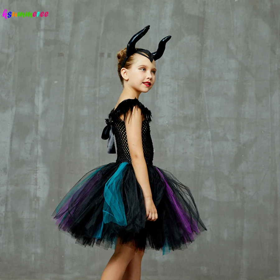 Maleficent Rochie Tutu cu Coarne Fete Malefica Vrăjitoare de Halloween Cosplay Costum de Pene Impodobita Tul Rochii de Petrecere