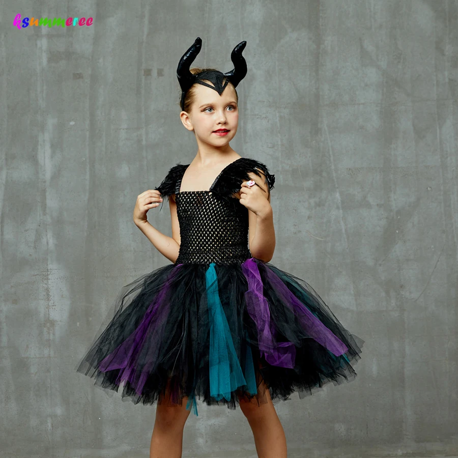 Maleficent Rochie Tutu cu Coarne Fete Malefica Vrăjitoare de Halloween Cosplay Costum de Pene Impodobita Tul Rochii de Petrecere