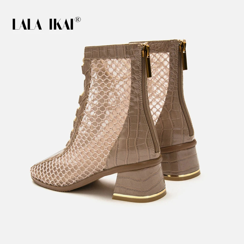 LALA IKAI 2020 NOUA Moda Dantela-up Cizme de Plasă pentru Femei Med Tocuri Square Toe Pantofi cu Tocuri de Femeie Gol Afară de Cizme XWC10238-4