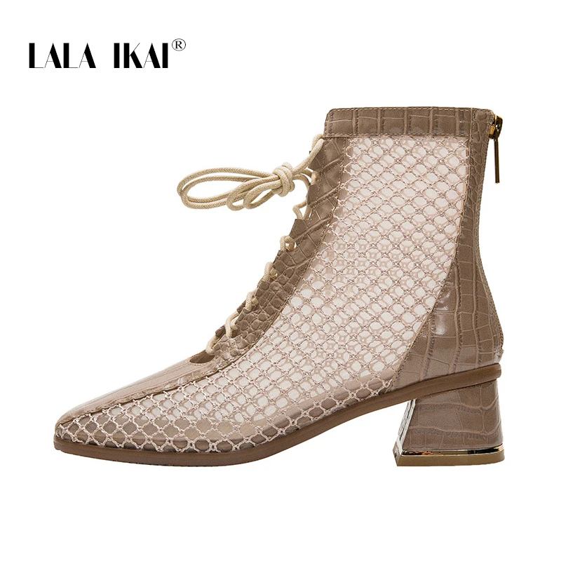 LALA IKAI 2020 NOUA Moda Dantela-up Cizme de Plasă pentru Femei Med Tocuri Square Toe Pantofi cu Tocuri de Femeie Gol Afară de Cizme XWC10238-4