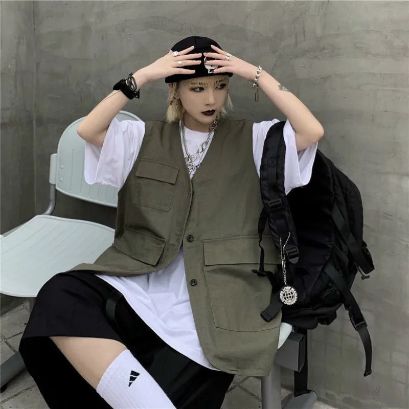 Femei Vesta Cupluri Solide Safari Coreeană Stil Fără Mâneci Haine De Sex Feminin Liber Harajuku Supradimensionat Buzunare Uri Chic Streetwear Buton