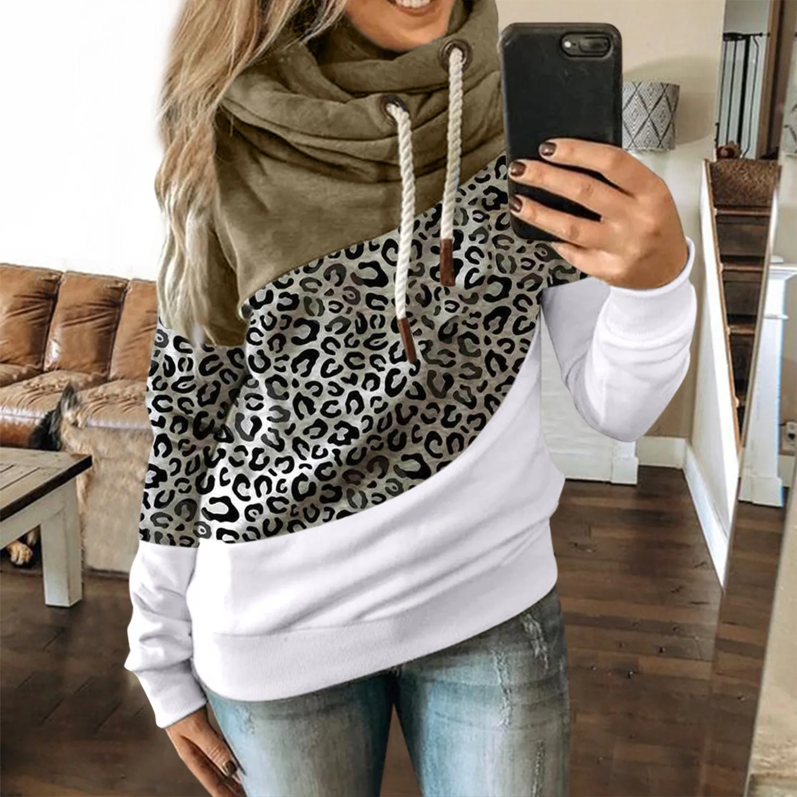 Hoodie Solid Leopard Femei Tricou Casual de Toamna Witner Buzunar Maneca Lunga Pulover de Hanorace cu Glugă Sudadera Mujer Nedefinit