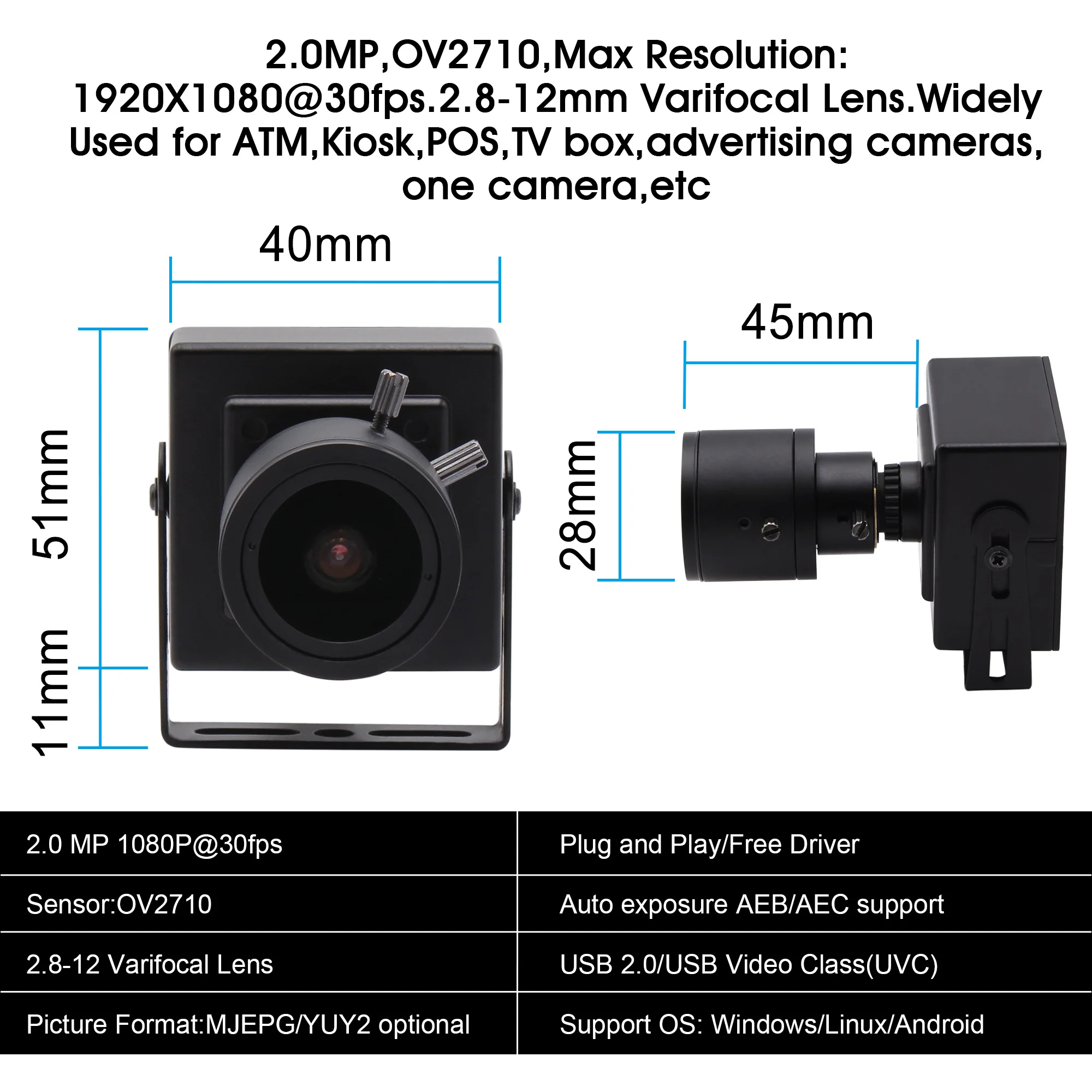 2megapixel cmos OV2710 aparat de fotografiat usb MJPEG 30fps 1920*1080 2.8-12mm obiectiv varifocal full hd de supraveghere video caseta mini usb aparat de fotografiat