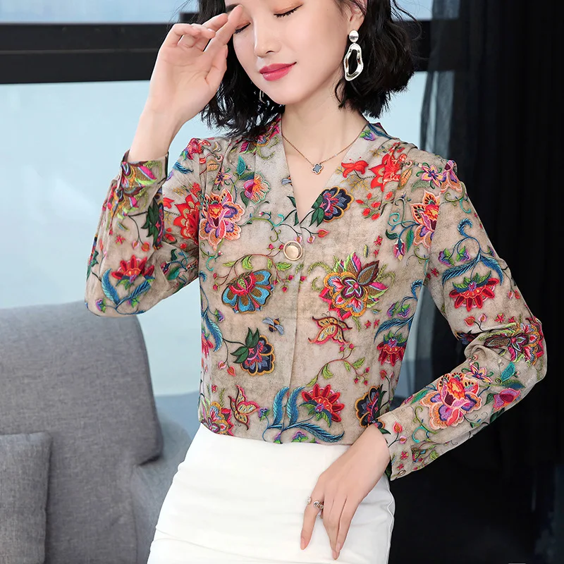 Moda Elegant De Birou Bottom Tricou Femei Vintage Top Florale Imprimate V Gâtului Șifon Bluza De Toamna Primavara Coreean Tricouri Blusas