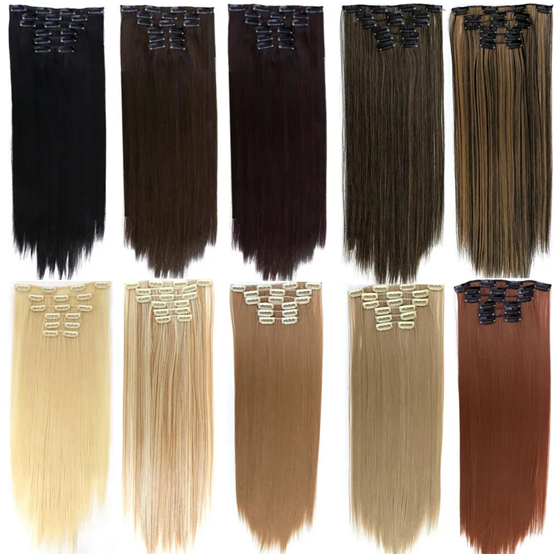 DIANQI 22 inch 16 agrafe de par la femei extensii de păr lung și drept sintetic negru peruca blonda 6 bucati/set rezistente la căldură