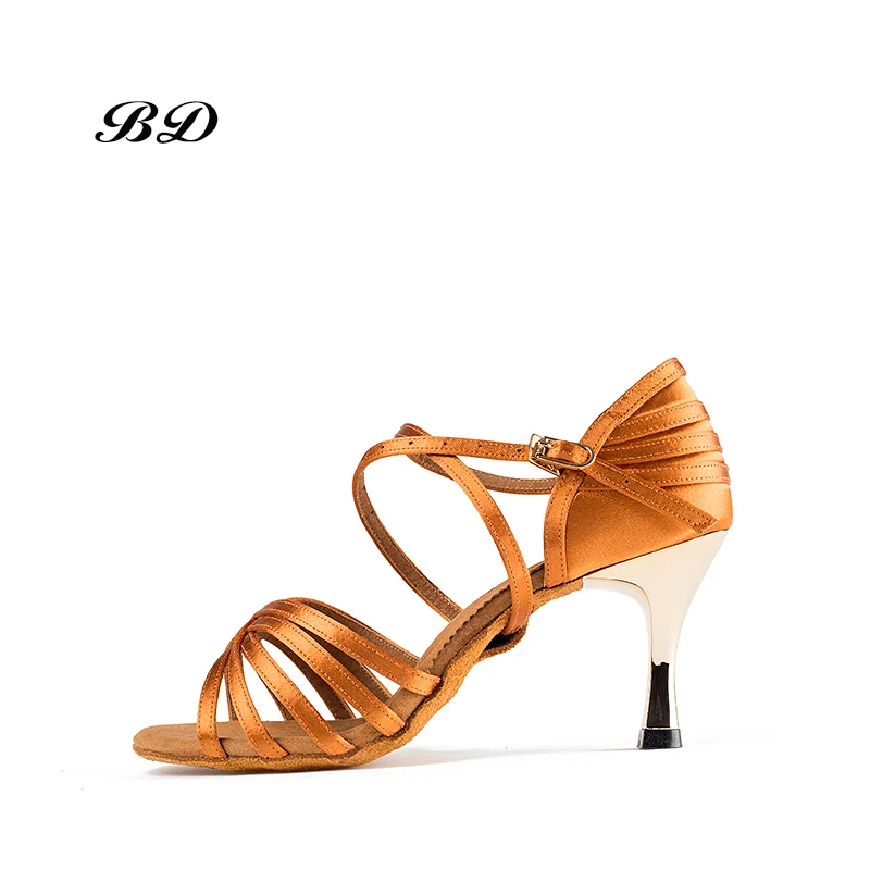 Clasa de Top Pantofi de Dans sală de Bal pentru Femei Pantofi latină Importate din Satin Confortabil Sudoare Branț Stilou de Aur de Pantofi cu Toc de 7,5 cm TAN BD 2324