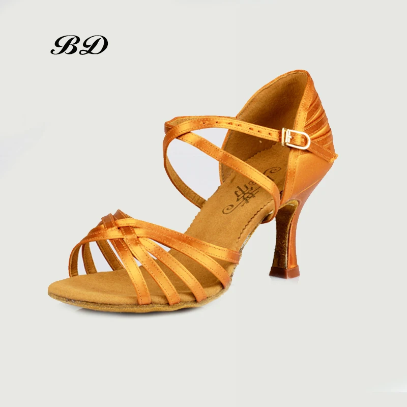 Clasa de Top Pantofi de Dans sală de Bal pentru Femei Pantofi latină Importate din Satin Confortabil Sudoare Branț Stilou de Aur de Pantofi cu Toc de 7,5 cm TAN BD 2324