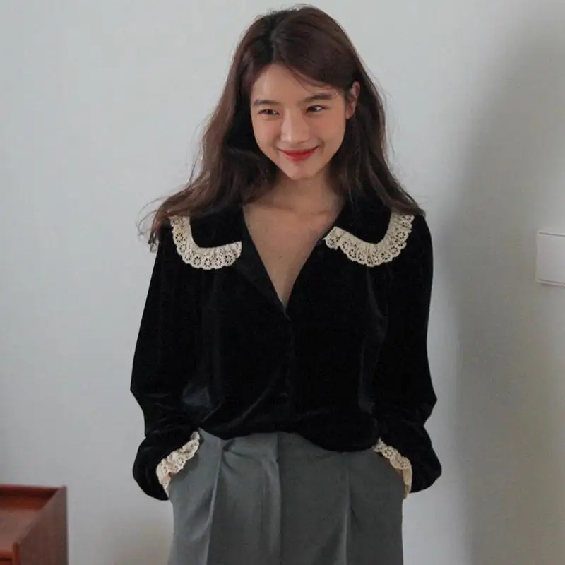 Bluze Tricouri Femei Vintage Mozaic cu Dantelă Guler Peter Pan Stydents Stil coreean Detaliate Femei Proiectat Toate-meci Chic