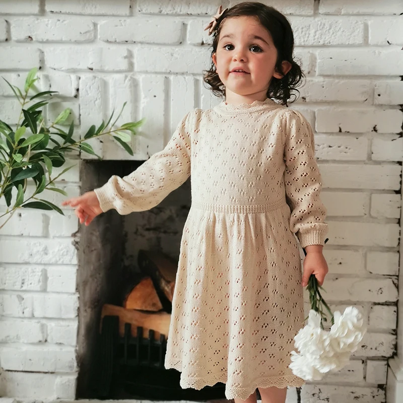 Fetele de Lână Tricotate Rochie 2020 Nou Stil de Toamnă Spring Girl Rochii pentru Copii Hollow-Out Rochie cu Mâneci Lungi