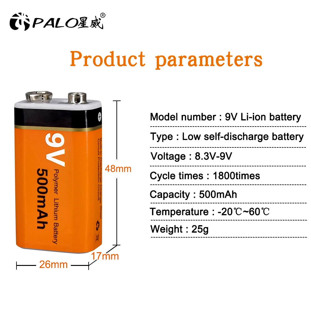 PALO 9V500MAH reincarcabile cu Litiu 9v baterie li ion 6f22 baterie reîncărcabilă