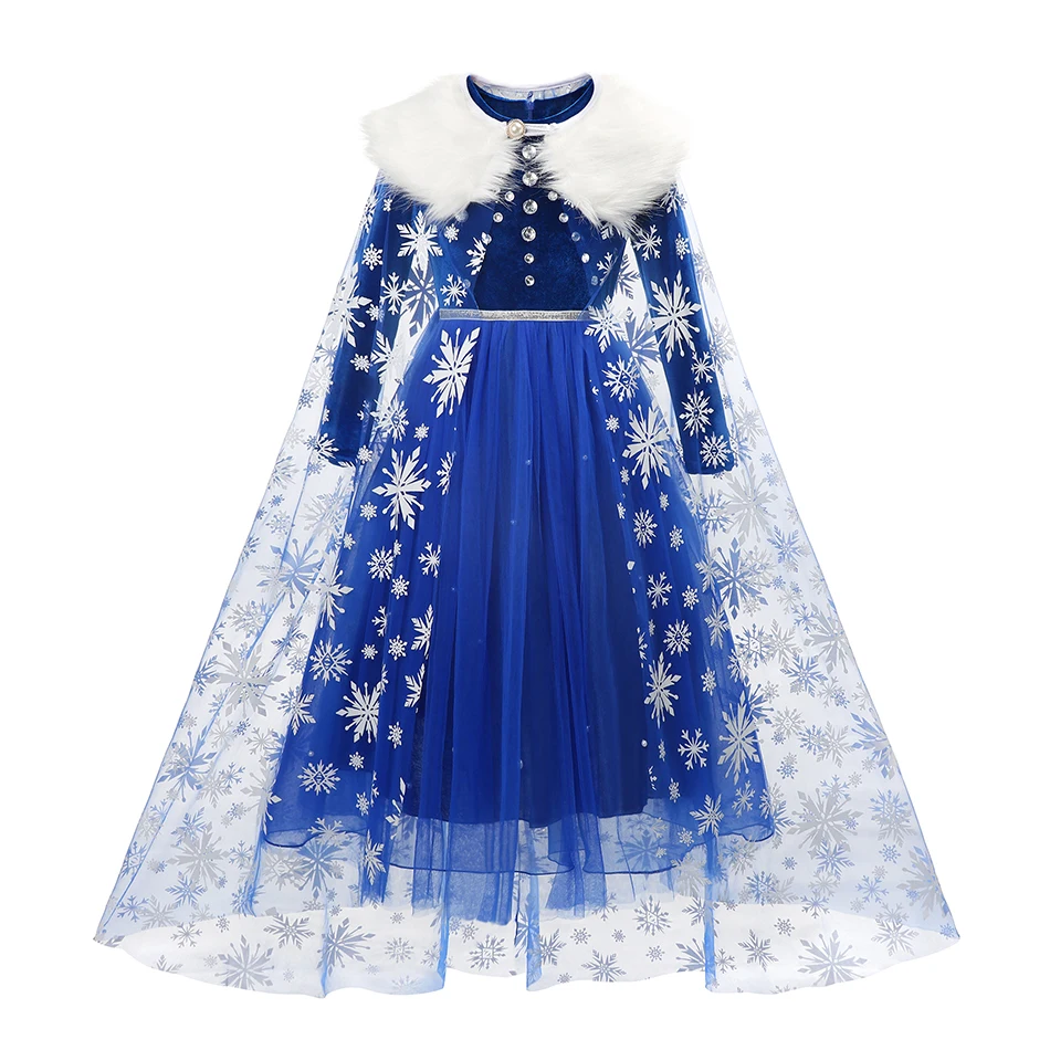 Elsa Rochie Albastră Pentru Fete Catifea Îngroșa Mâneci Lungi Rochie Cu Fulg De Nea Imprimare Mantie Peter Pan Păros Guler Costume Printesa