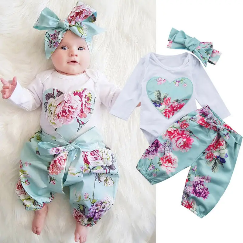 Copil nou-născut Haine de Fata Set Kid Fete Floral Maneca Lunga Salopetă și Lung Print Pantaloni 3pcs Costume de Haine pentru Copii