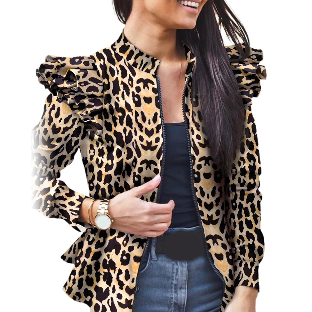 Femei Elegant Cu Maneci Lungi Leopard Camuflaj Zip Ciufulit Tiv Subțire Strat De Sacou