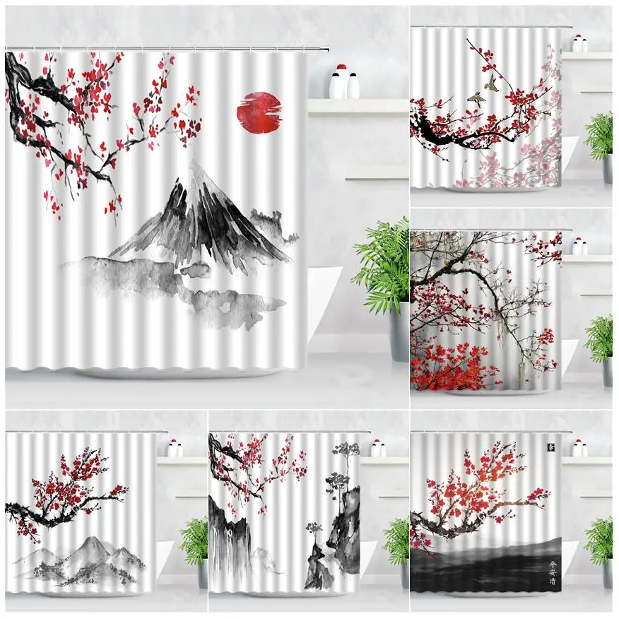 Rezistent la apa de Baie, Perdele de Dus 3D Plum Blossom Munte Stil Chinezesc Cerneală Pictura Peisaj Material Decor Acasă Cadă Cortina