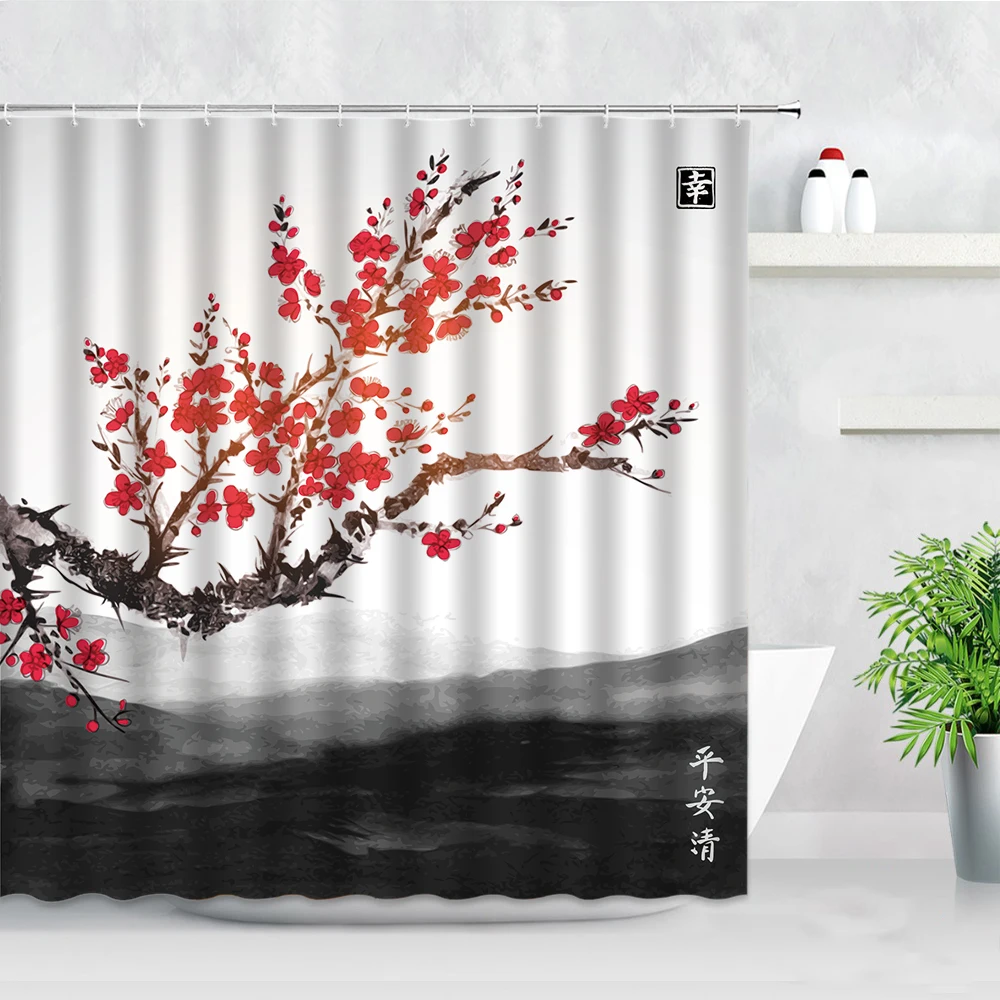 Rezistent la apa de Baie, Perdele de Dus 3D Plum Blossom Munte Stil Chinezesc Cerneală Pictura Peisaj Material Decor Acasă Cadă Cortina